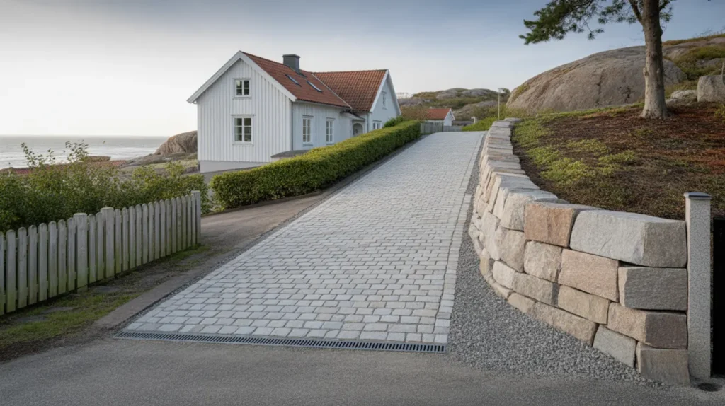 stens ttning av uppfart och ny granitst dmur i m lle h gan s